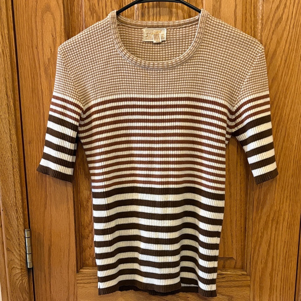 Classic Striped Short-Sleeve Knit Top - Brown & Cream
